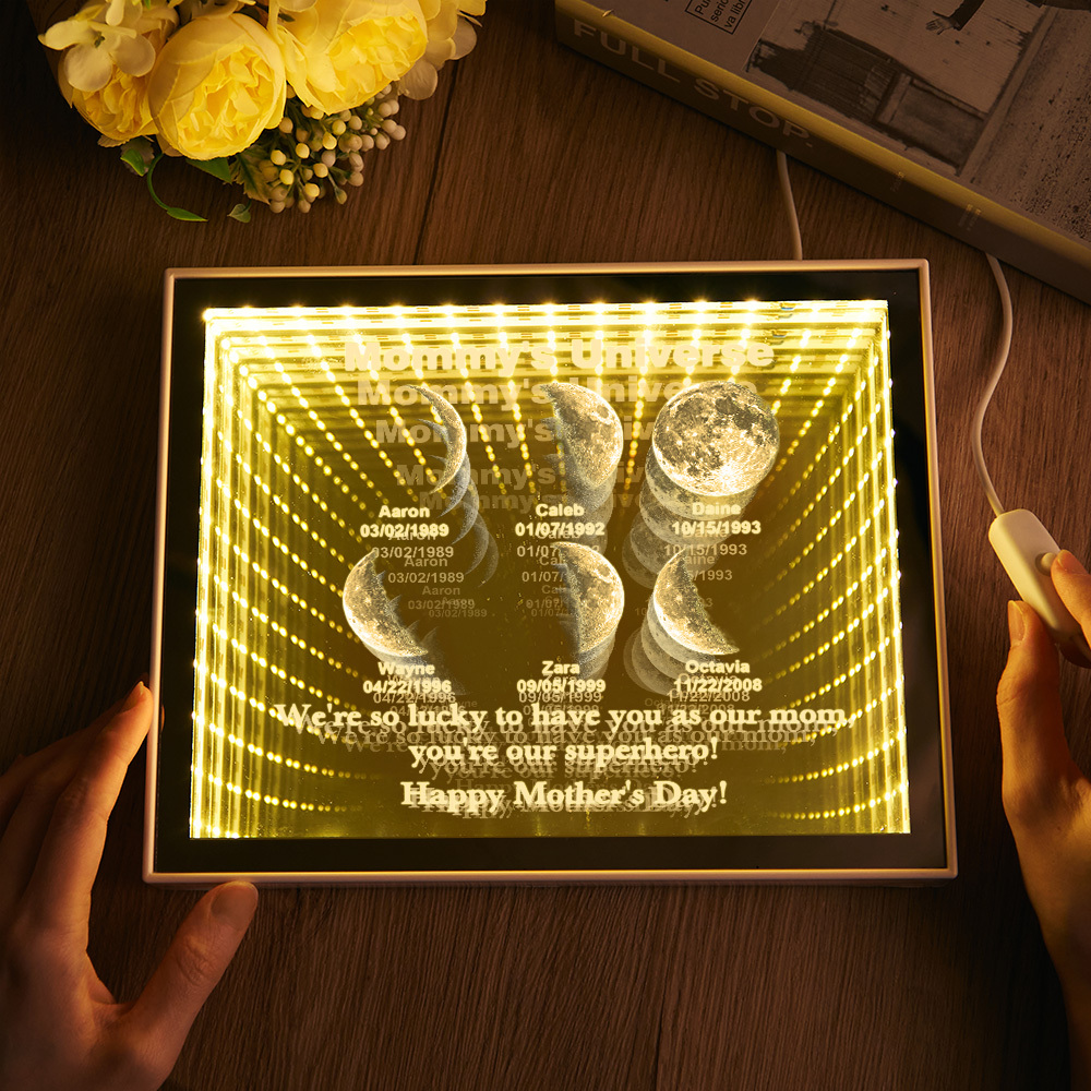 Custom Mirror Infinity Moon Phase Lightbox Personalized Night Light Mirror with Personalized Name and Heartfelt Text for Mom on Mother's Day