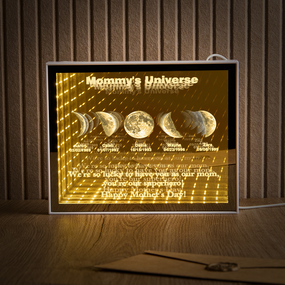 Custom Mirror Infinity Moon Phase Lightbox Personalized Night Light Mirror with Personalized Name and Heartfelt Text for Mom on Mother's Day