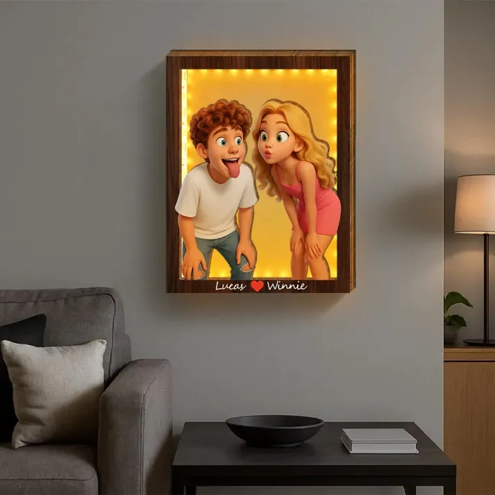 Personalized Wooden Cartoon Light Wall Art, Custom Cartoon Portrait, Wood Home Decor, Night Light Gifts, Valentine's Day Gift
