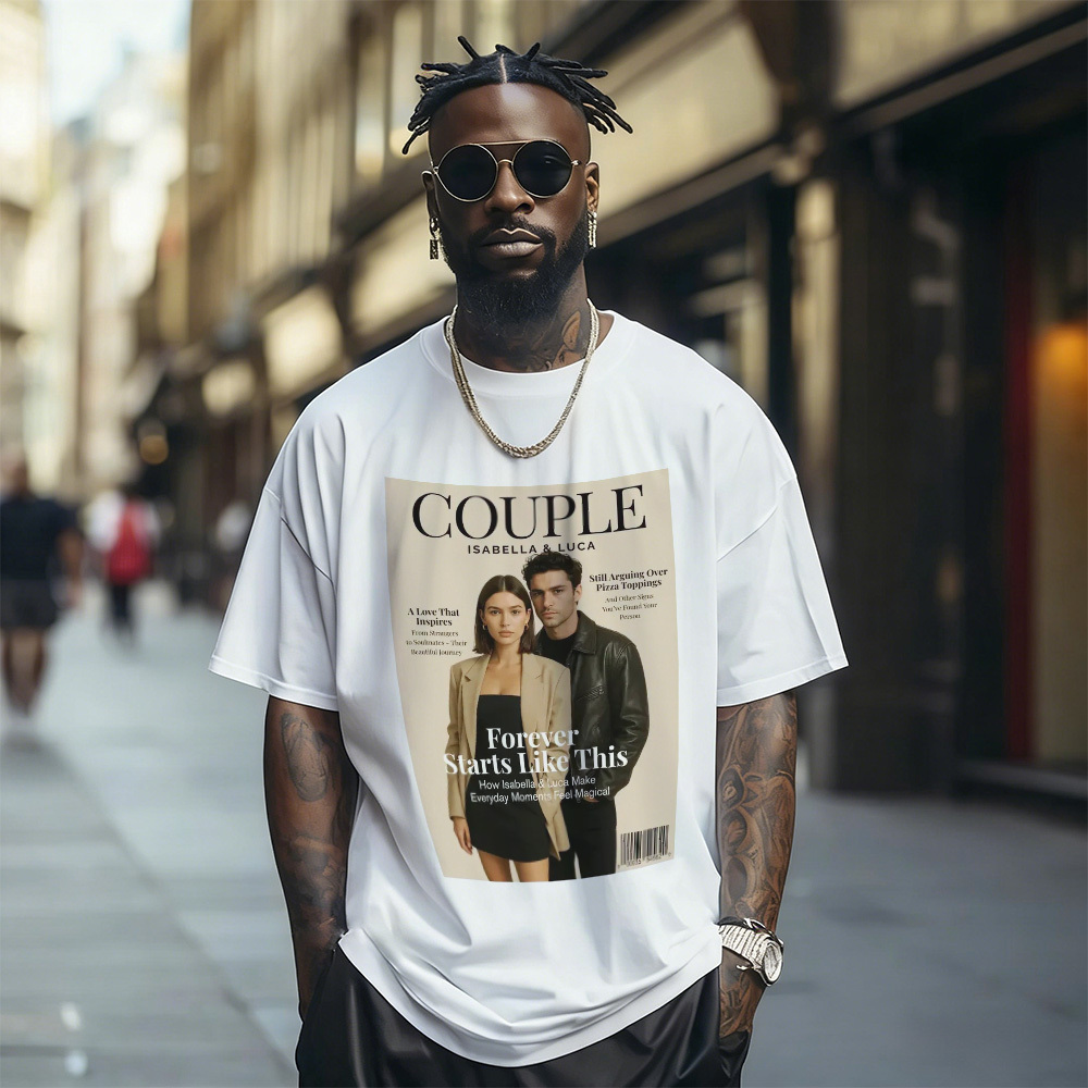 Custom Photo Magazine Tee Personalized Stylish T-shirt Couple Gifts Black