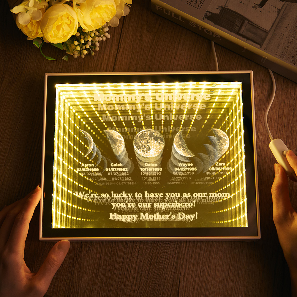 Custom Mirror Infinity Moon Phase Lightbox Personalized Night Light Mirror with Personalized Name and Heartfelt Text for Mom on Mother's Day