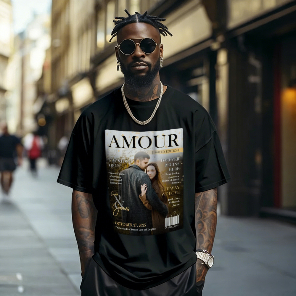 Custom Photo Magazine Tee Personalized Stylish T-shirt Couple Gifts Black