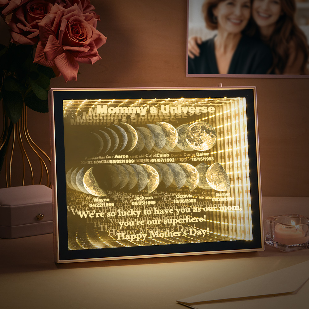 Custom Mirror Infinity Moon Phase Lightbox Personalized Night Light Mirror with Personalized Name and Heartfelt Text for Mom on Mother's Day