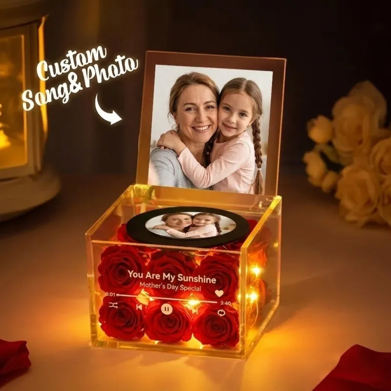 Rose Music Record Auto-Music Player Custom Photo with Light Personalized Music Acrylic Box for Best Mom on Mother's Day