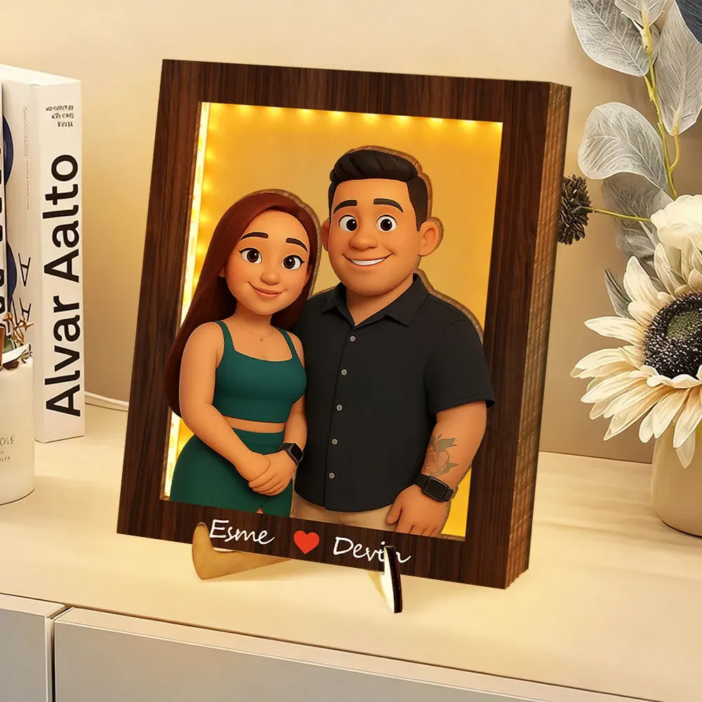 Personalized Wooden Cartoon Light Wall Art, Custom Cartoon Portrait, Wood Home Decor, Night Light Gifts, Valentine's Day Gift