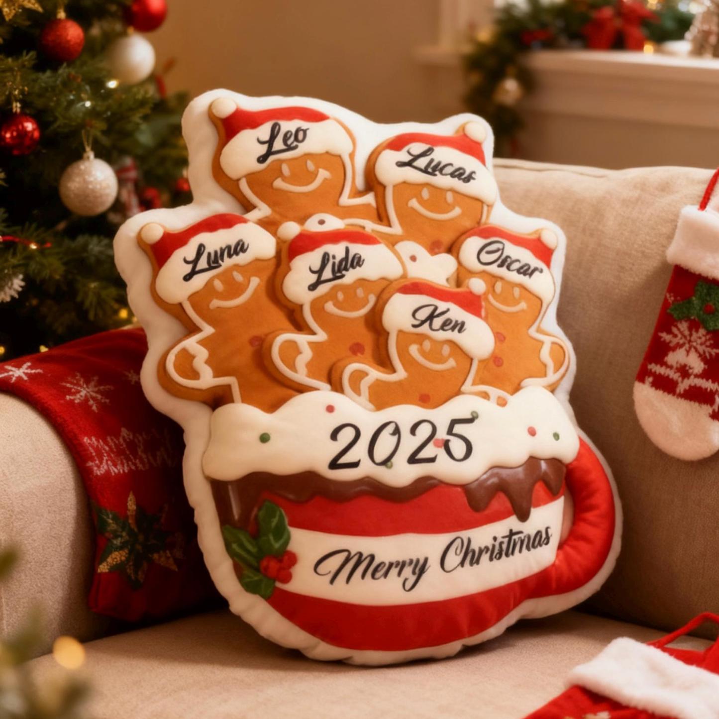 Personalized Gingerbread Family Pillow, Custom Name Xmas Cushion, Holiday Decor Gift, Gingerbread Mug Pillow, Merry Christmas 2025