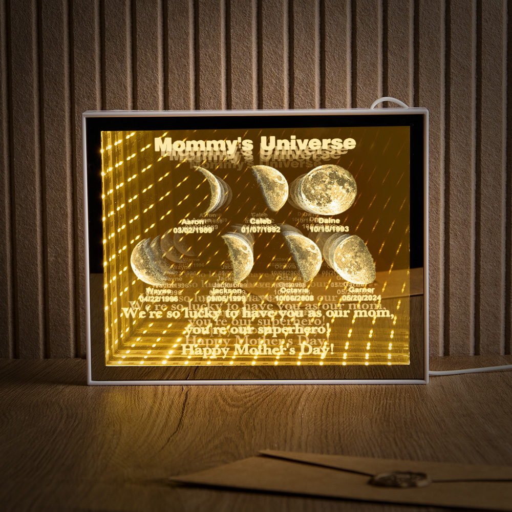 Custom Mirror Infinity Moon Phase Lightbox Personalized Night Light Mirror with Personalized Name and Heartfelt Text for Mom on Mother's Day