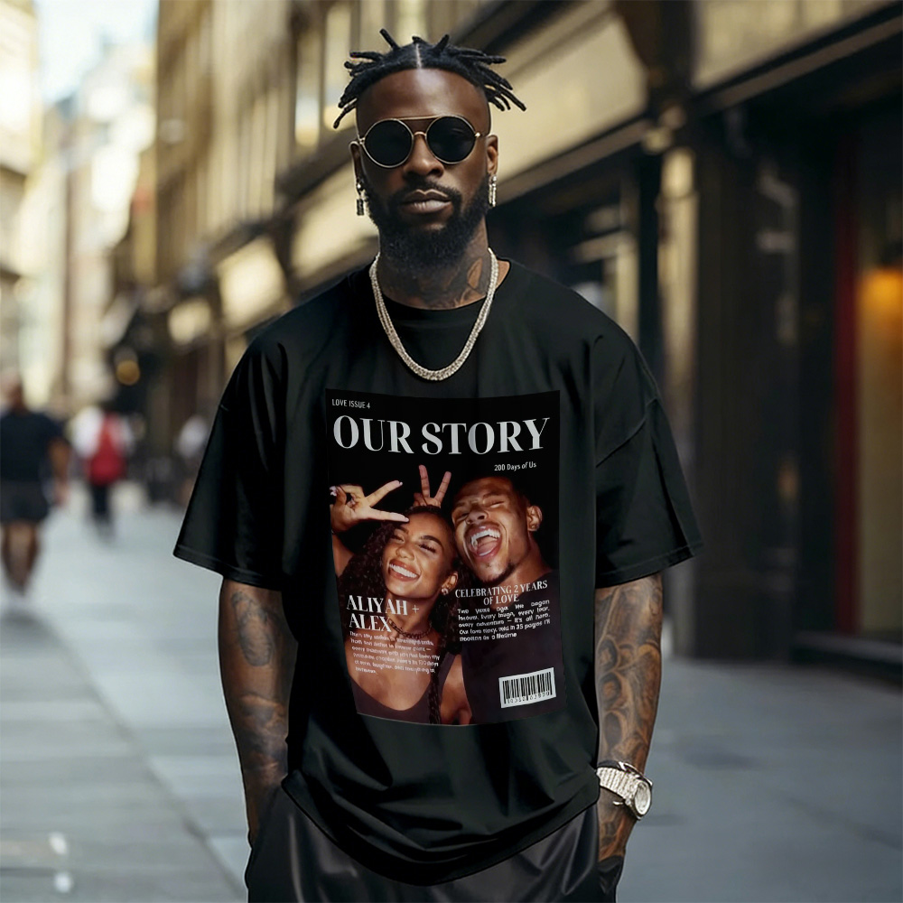 Custom Photo Magazine Tee Personalized Stylish T-shirt Couple Gifts Black