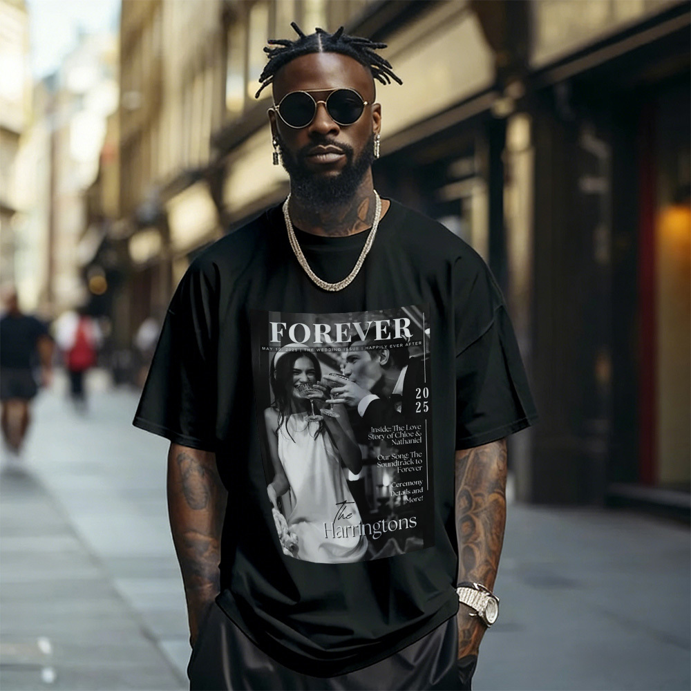 Custom Photo Magazine Tee Personalized Stylish T-shirt Couple Gifts Black