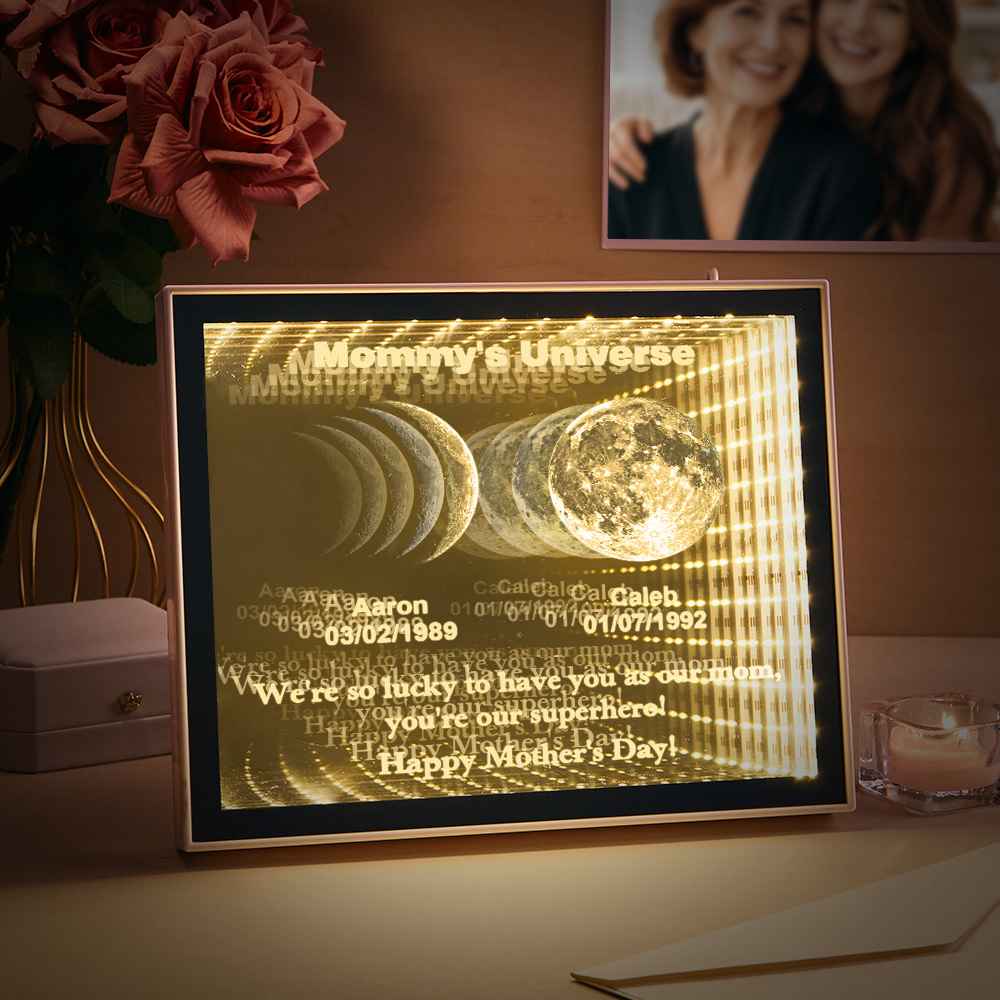 Custom Mirror Infinity Moon Phase Lightbox Personalized Night Light Mirror with Personalized Name and Heartfelt Text for Mom on Mother's Day