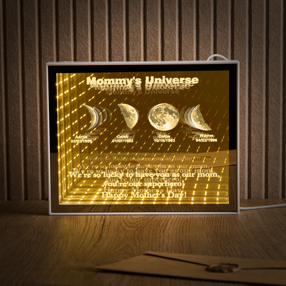 Custom Mirror Infinity Moon Phase Lightbox Personalized Night Light Mirror with Personalized Name and Heartfelt Text for Mom on Mother's Day