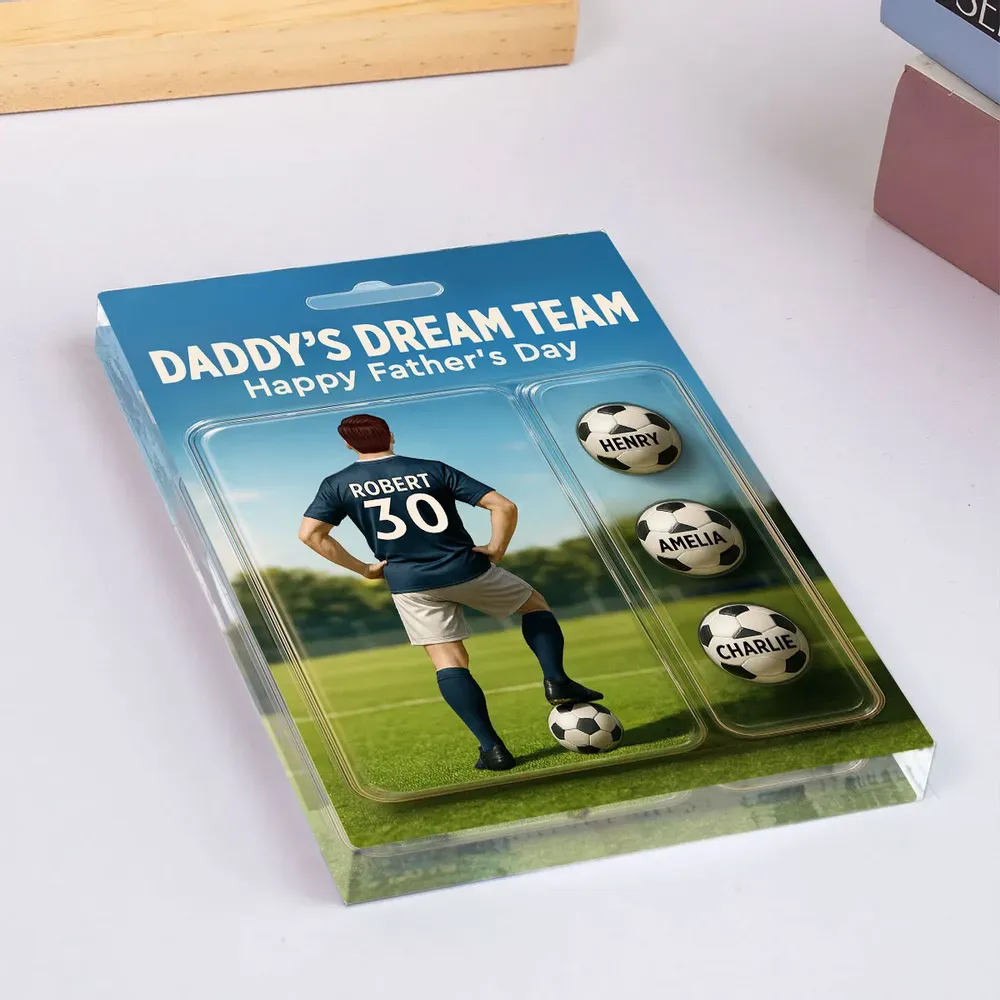 Daddy's Dream Team – Custom Soccer-Themed Personalized Acrylic Block Plaque with Kids' Names, Perfect Father's Day Gift for Dad or Soccer Lover