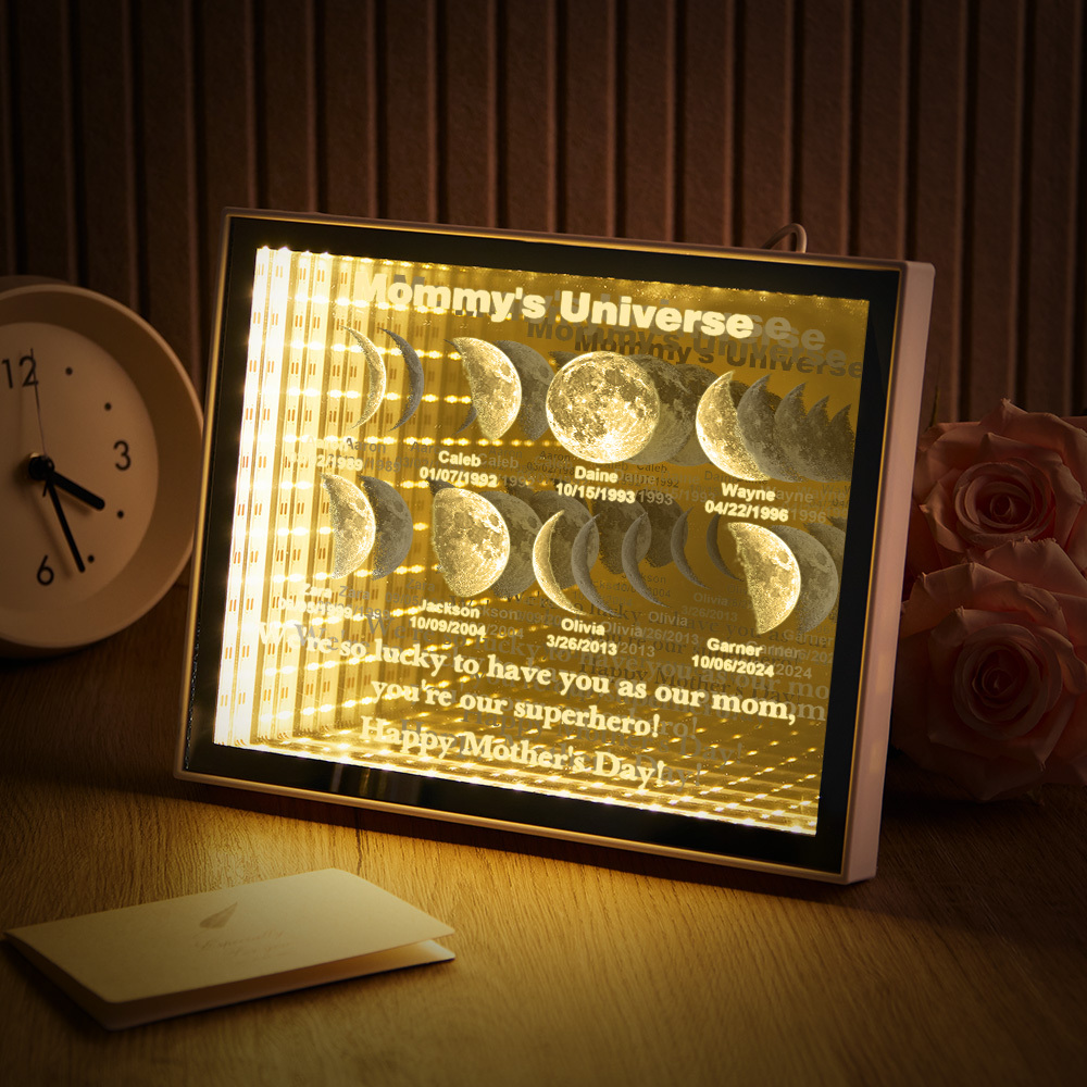 Custom Mirror Infinity Moon Phase Lightbox Personalized Night Light Mirror with Personalized Name and Heartfelt Text for Mom on Mother's Day