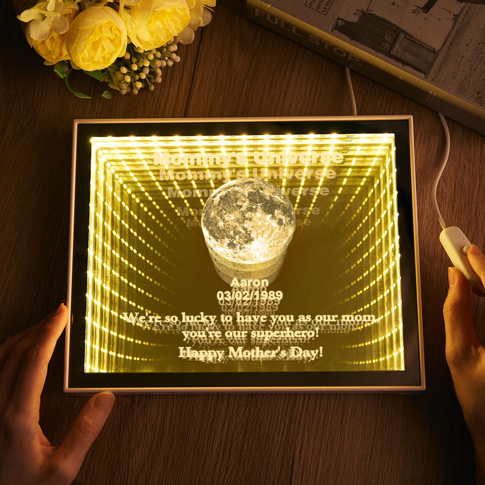 Custom Mirror Infinity Moon Phase Lightbox Personalized Night Light Mirror with Personalized Name and Heartfelt Text for Mom on Mother's Day