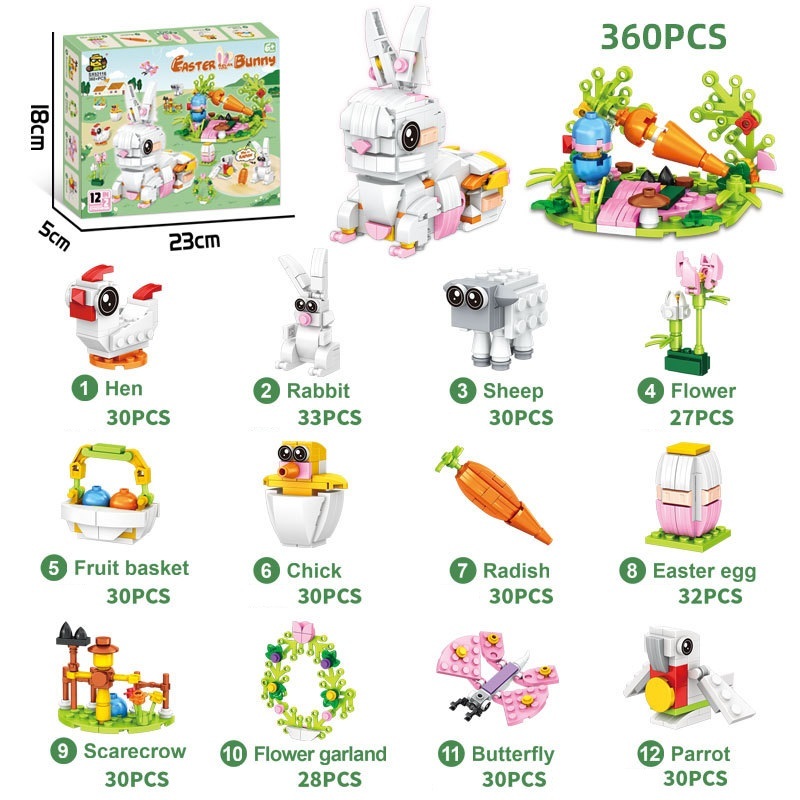 Easter 12 IN 1 Rabbit Animal Toy Building Set Easter Decoration Creative Play Building Toy for Boys Girls