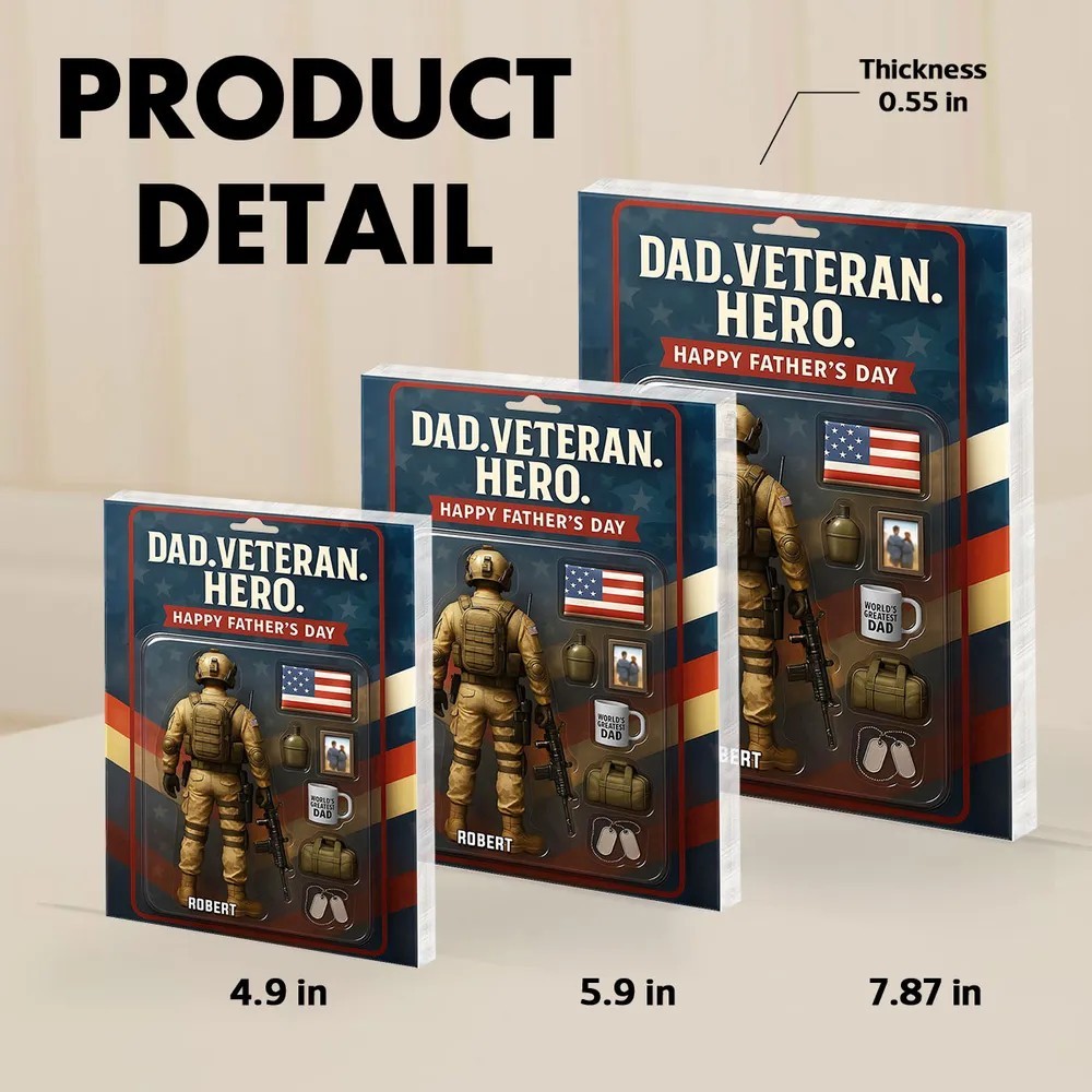 Dad, Veteran, Hero – Custom Figure Personalized Acrylic Block Plaque, 2025 Father's Day Gift for Him or Dad