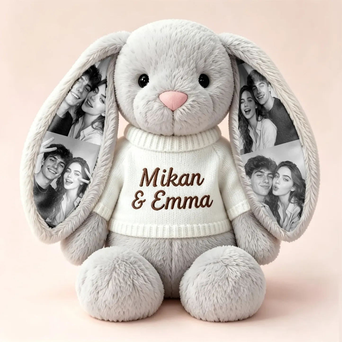 Custom Photo Bunny Plush with Personalized Name Embroidery & Hidden Ear Picture – Cute Bunny Gift for Couples, Anniversary Gifts - 