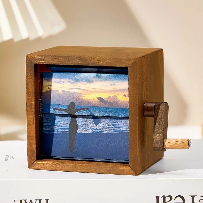 Custom Hand-Crank Flipbook Box Animation Machine Mechanical Hand-cranked Photo Album with Light Photo Cube Frame Creative Gift - 