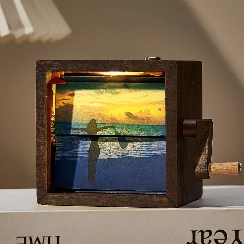 Custom Hand-Crank Flipbook Box Animation Machine Mechanical Hand-cranked Photo Album with Light Photo Cube Frame Creative Gift - 