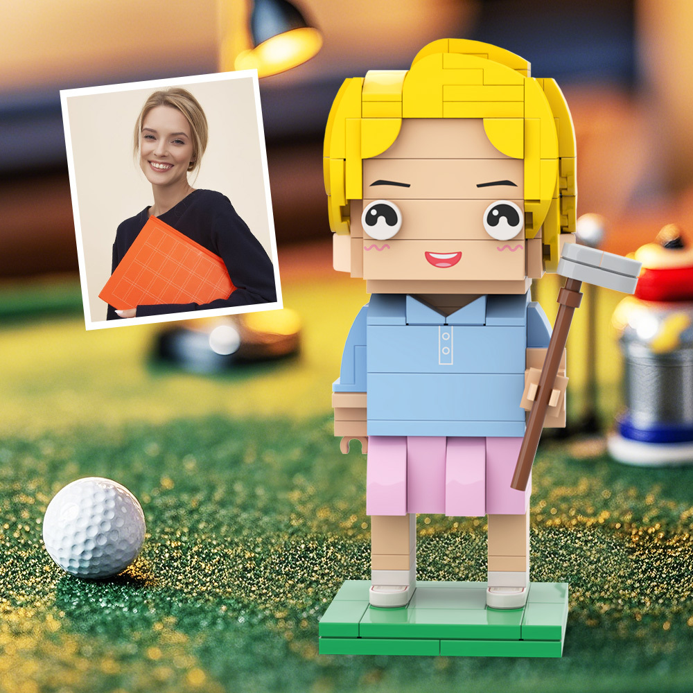 Customized Head Happy Golfer in Blue Suit Brick Figure with Engraved Text