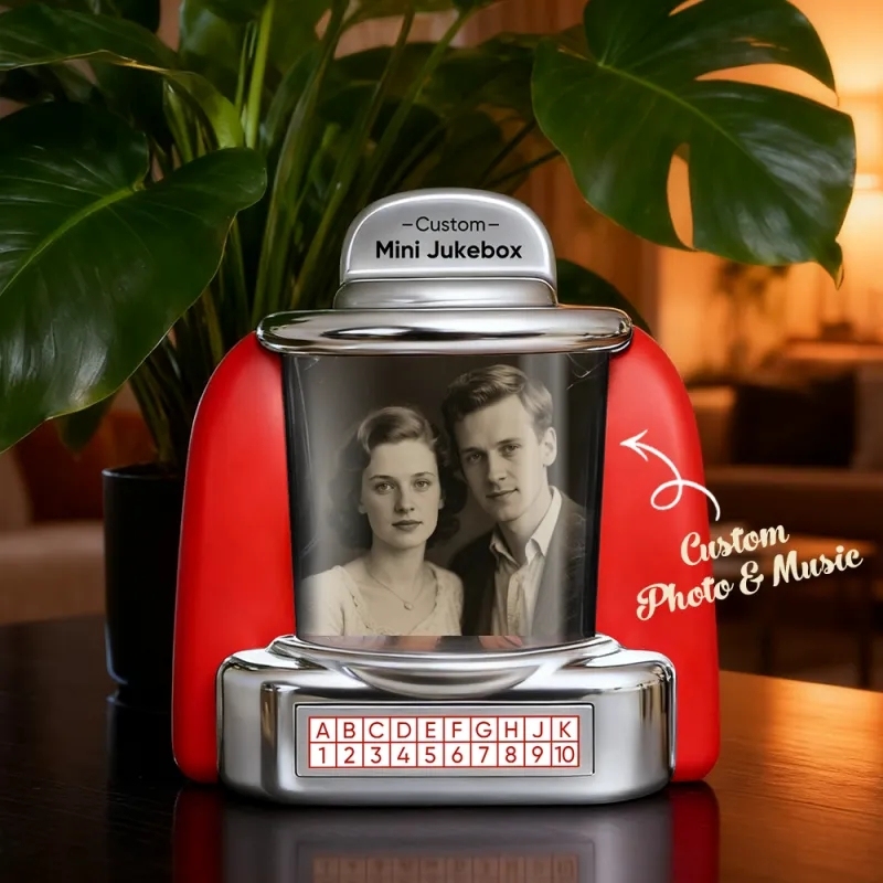 Custom Jukebox Retro Speaker – Personalized Photo Music Mini Player with Radio | Vintage Tabletop Home Decor Nostalgic Gift