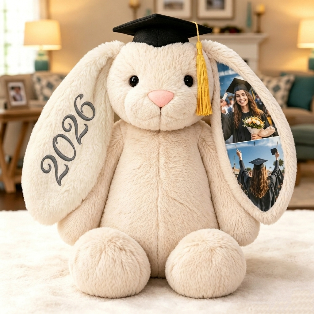 Custom Photo Bunny Plush, Personalized Hidden Ear Memory Bunny with Graduation Cap, Class of 2026 Gift - 