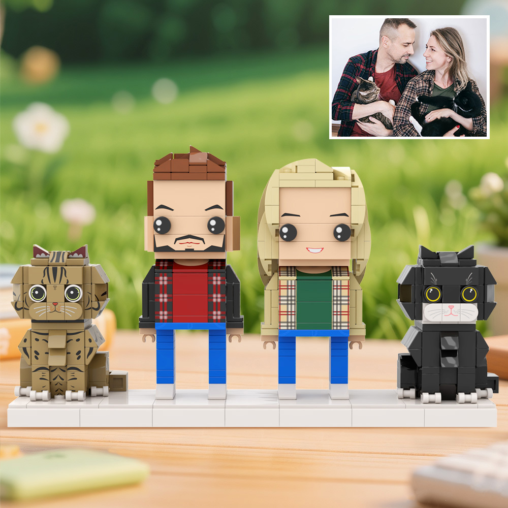 Personalized 2 People and 2 Cats Custom Full Body Brick Figures