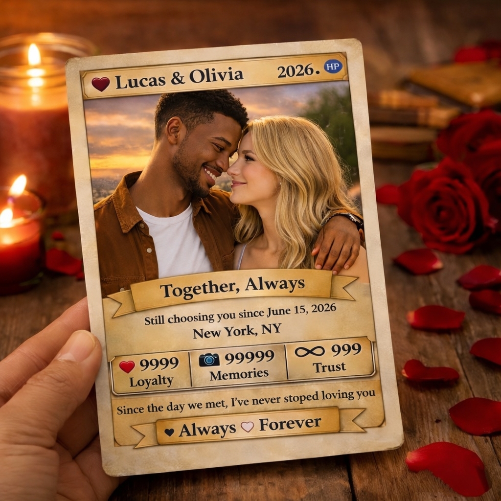 Personalized Valentine’s Day Power Couple Card, Custom Anniversary Card Couple Photo Anime Style, Best Valentine's Day Gift for Lover - MyFaceTshirt