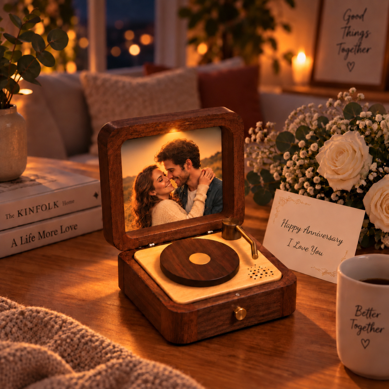 Personalized Wooden Record Player Music Box with Photo & Engraving - Perfect Anniversary & Wedding Gift for Couples - 