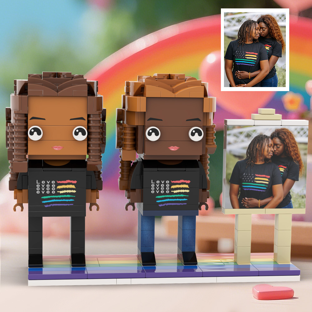 Gay Couple Rainbow Heart Style Gift Brick Figures Personalized Couples Brick Figures with Pride Flag