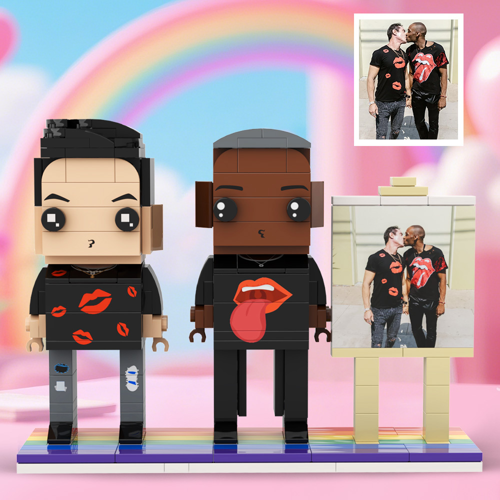 Gay Couple Rainbow Heart Style Gift Brick Figures Personalized Couples Brick Figures with Pride Flag