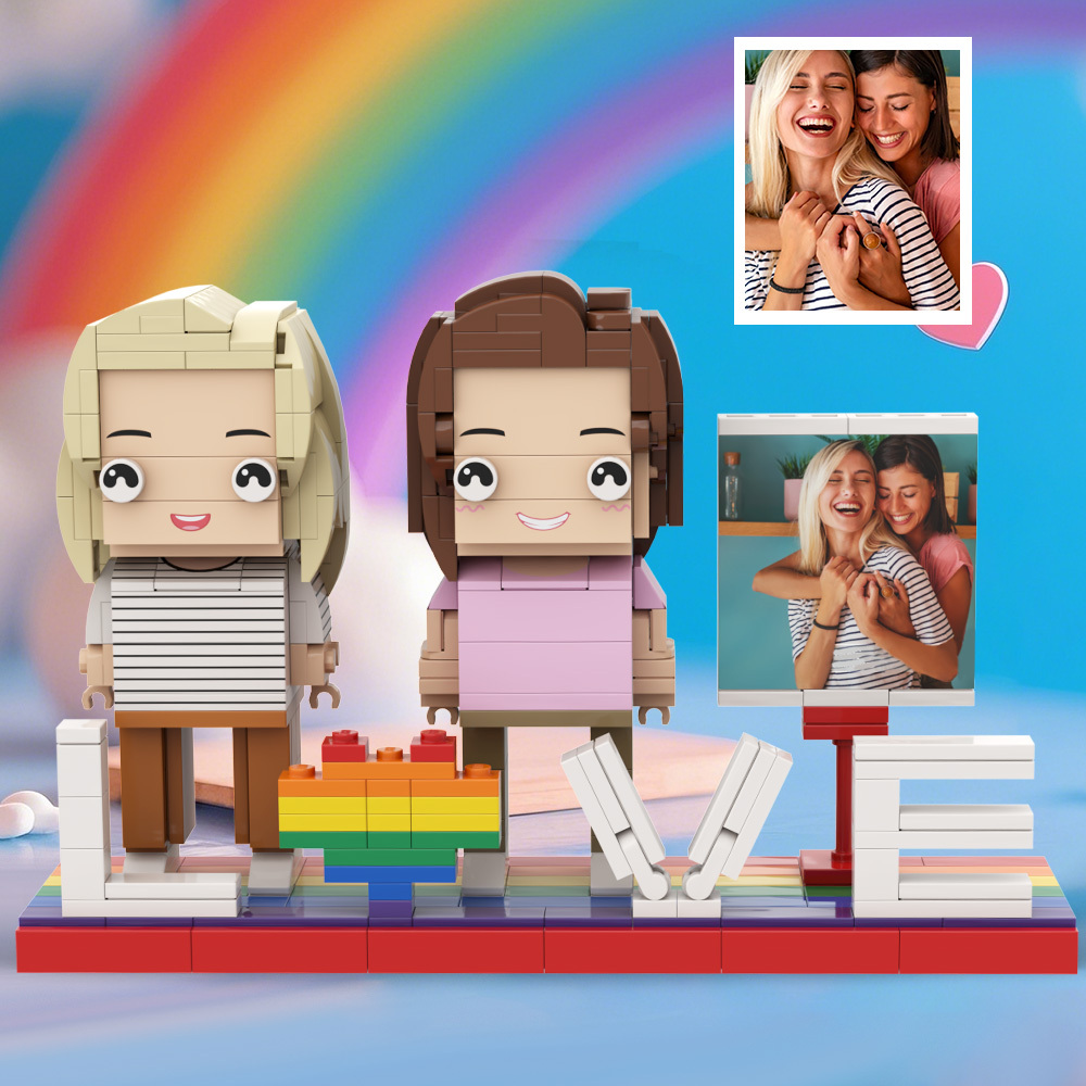 Gay Couple Rainbow Heart Style Gift Brick Figures Personalized Couples Brick Figures with Pride Flag