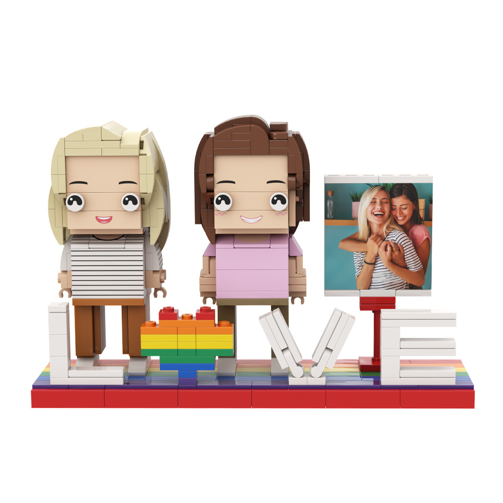 Gay Couple Rainbow Heart Style Gift Brick Figures Personalized Couples Brick Figures with Pride Flag