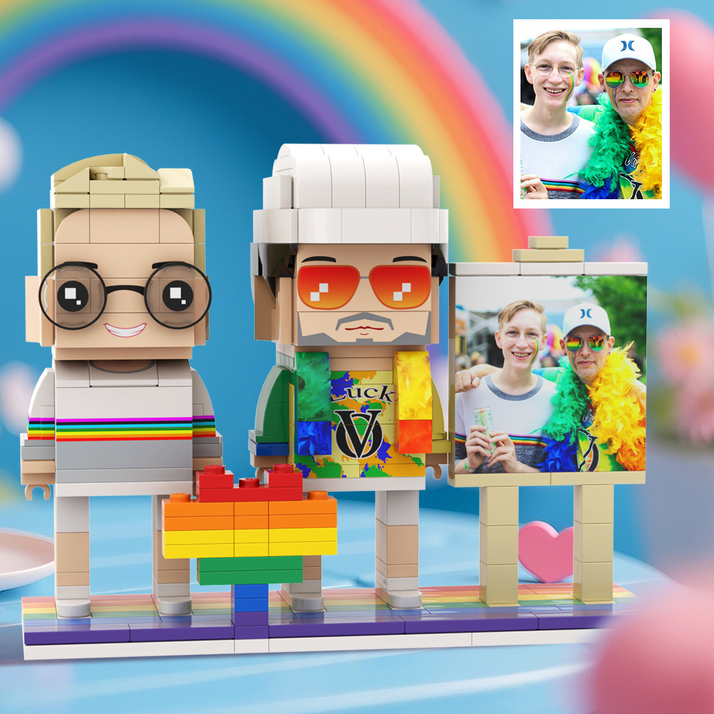 Gay Couple Rainbow Heart Style Gift Brick Figures Personalized Couples Brick Figures with Pride Flag