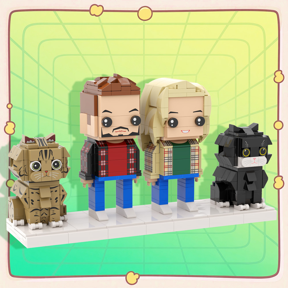 Personalized 2 People and 2 Cats Custom Full Body Brick Figures