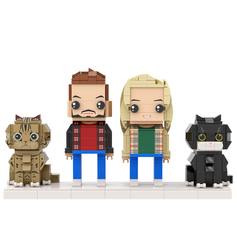 Personalized 2 People and 2 Cats Custom Full Body Brick Figures