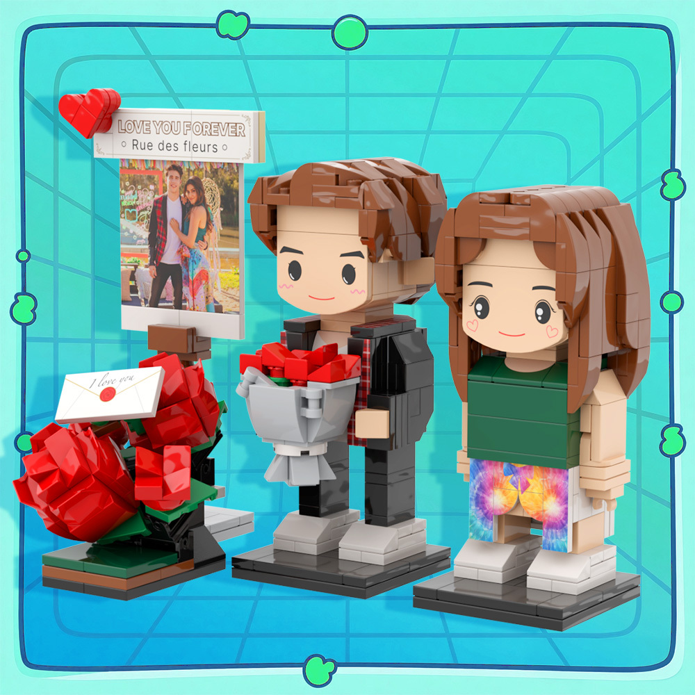 Personalized Fully Body 2 People Custom Brick Figures Romantic Rose Scenery Couple Gift
