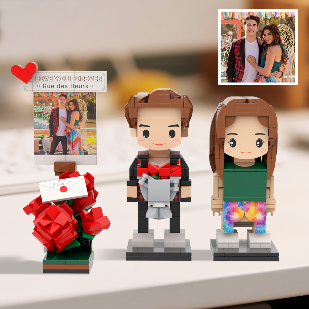 Personalized Fully Body 2 People Custom Brick Figures Romantic Rose Scenery Couple Gift