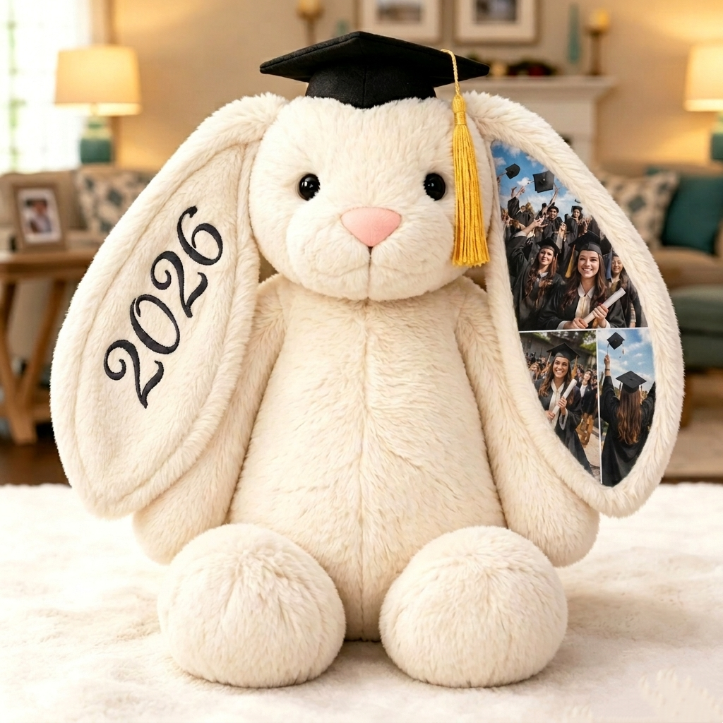 Custom Photo Bunny Plush, Personalized Hidden Ear Memory Bunny with Graduation Cap, Class of 2026 Gift - 