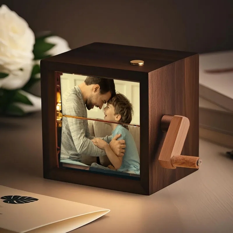 Personalized Flipbook Photo Album Custom Wooden Hand-Crank Cube with Soft Light Gift For Family - 