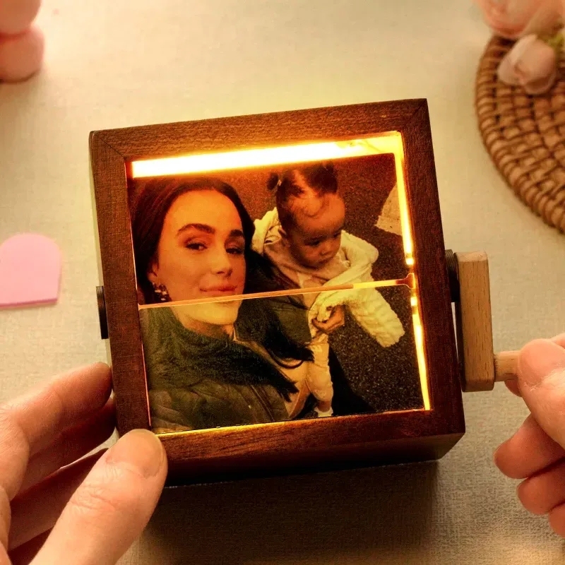Custom Creative Baby Memory Cube Personalize Hand-Turned Flipbook Frame in Walnut with LED Lighting Gift For Mother - 