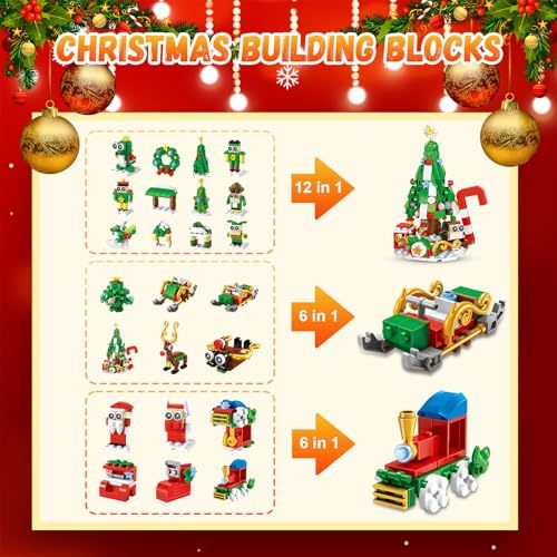 Christmas Advent Calendar 2025 Building Blocks for Adults- 24 Pack Assembly Blocks 24 Days Countdown Advent Calendar with Christmas Tree, Reindeer Sleigh & Train - 