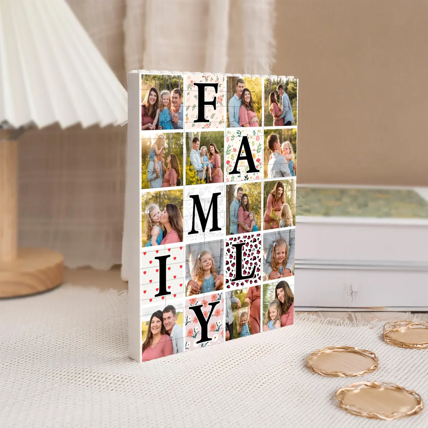 Personalized FAMILY Photo Brick Puzzle Custom Multi-Photo Building Blocks with Letter Grid Design Unique Anniversary Mothers Day Keepsake Gift Family Photo Wall & Desktop Decor Bricks - 