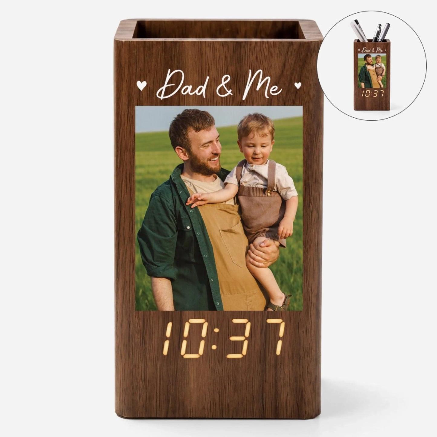 Personalised I Love You Photo Pen Holder With Clock for Mum/Dad
