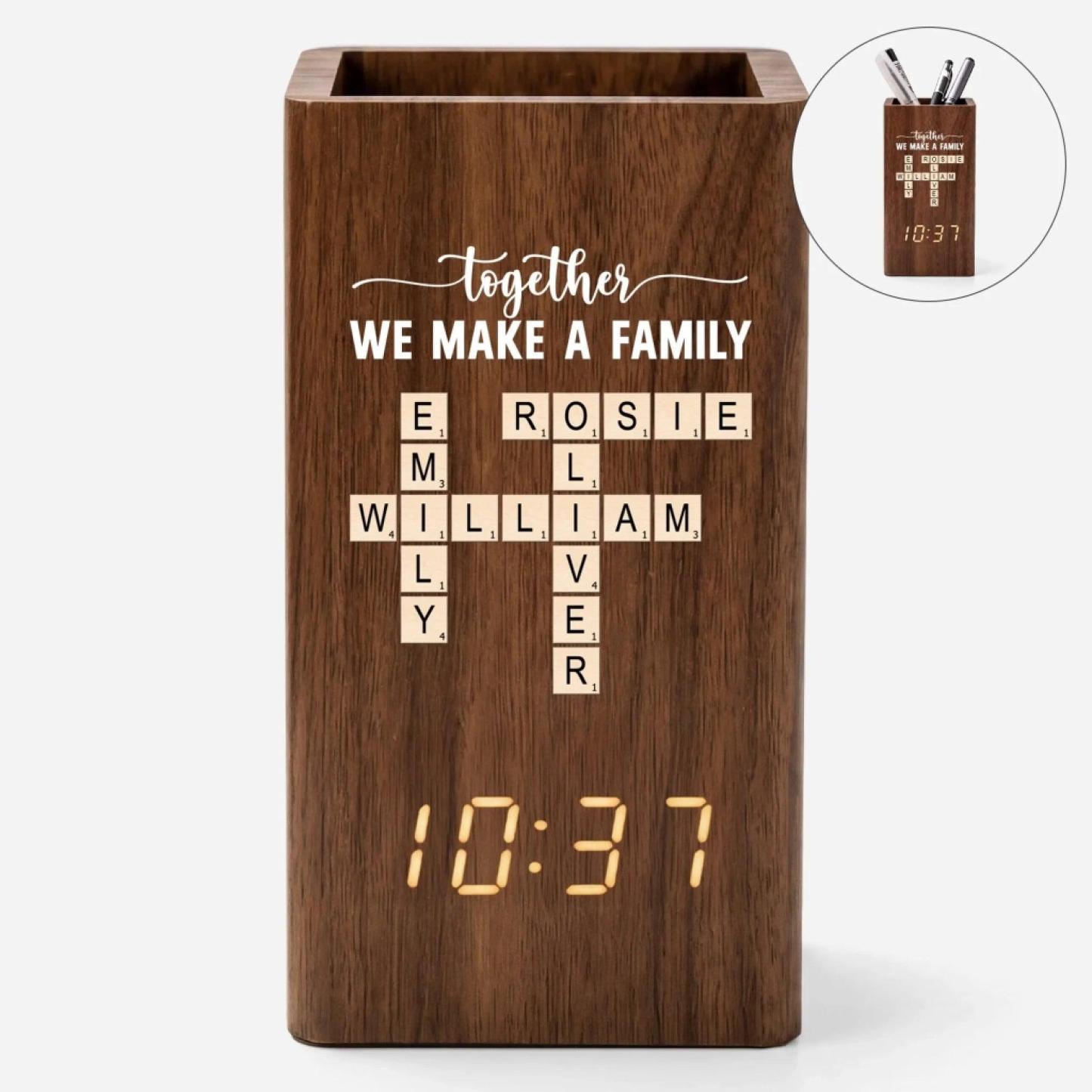 Personalised Together We Make A Family Crossword Pen Holder With Clock