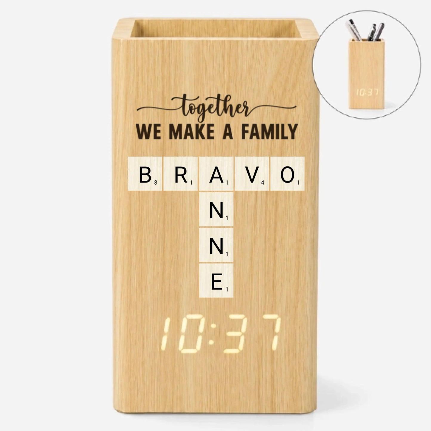 Personalised Together We Make A Family Crossword Pen Holder With Clock