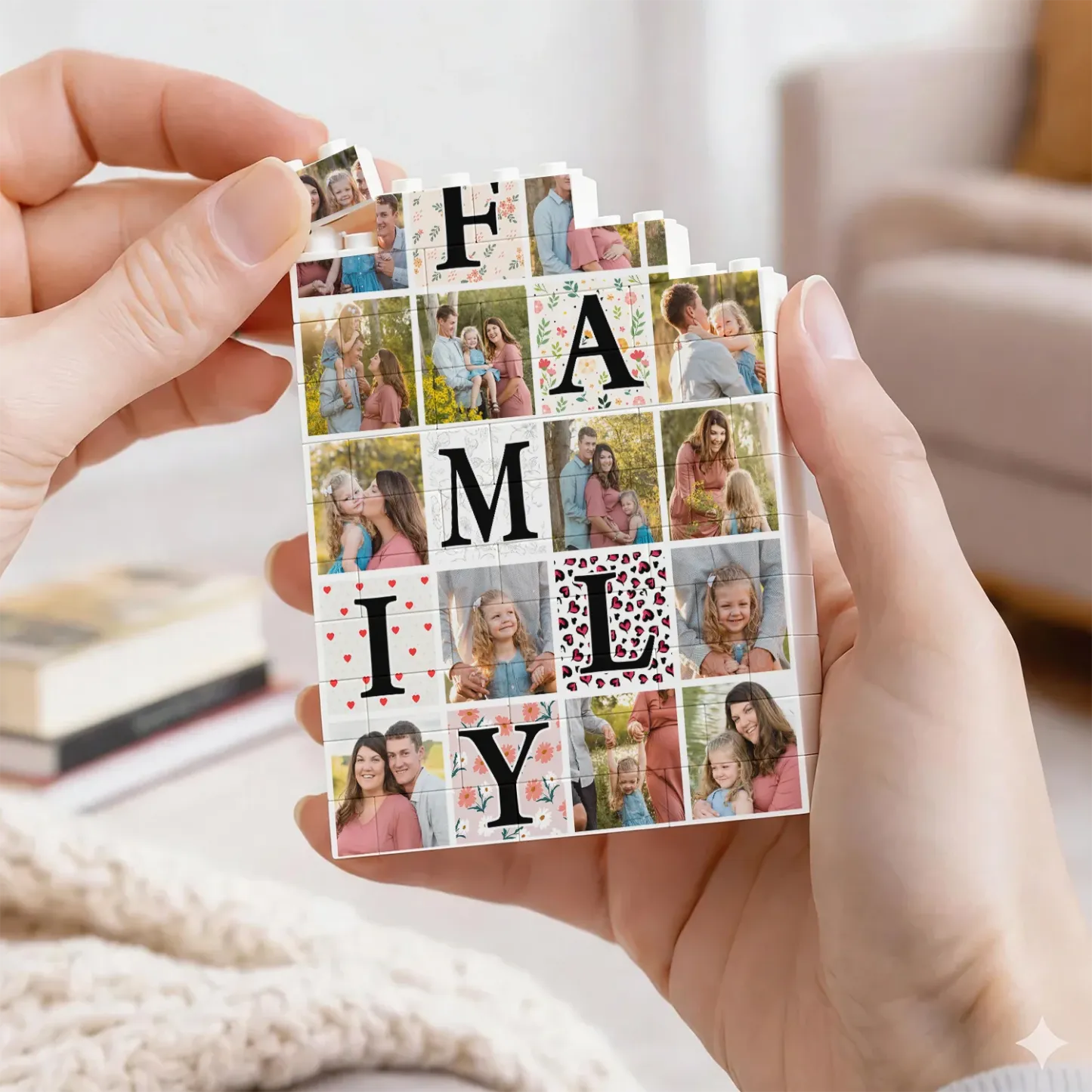 Personalized FAMILY Photo Brick Puzzle Custom Multi-Photo Building Blocks with Letter Grid Design Unique Anniversary Mothers Day Keepsake Gift Family Photo Wall & Desktop Decor Bricks - 