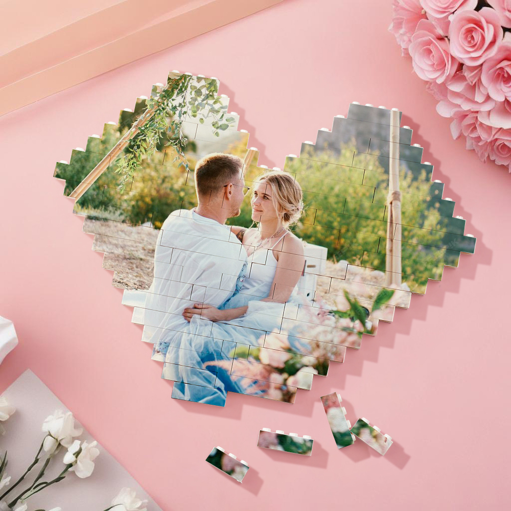 Custom Photo Building Brick Personalised Block Heart Shaped Gifts for Wedding Anniversary - 