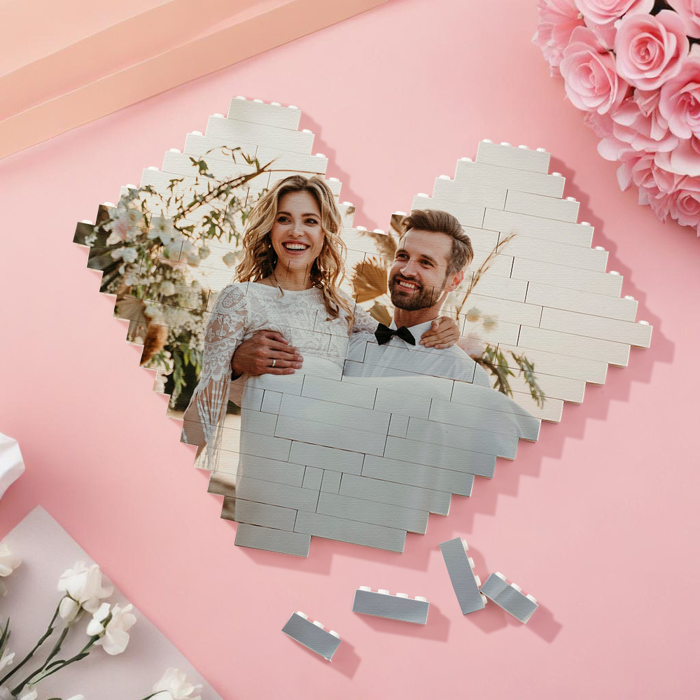 Wedding Anniversary Gifts Custom Building Brick Personalised Photo Block Heart Shaped - 