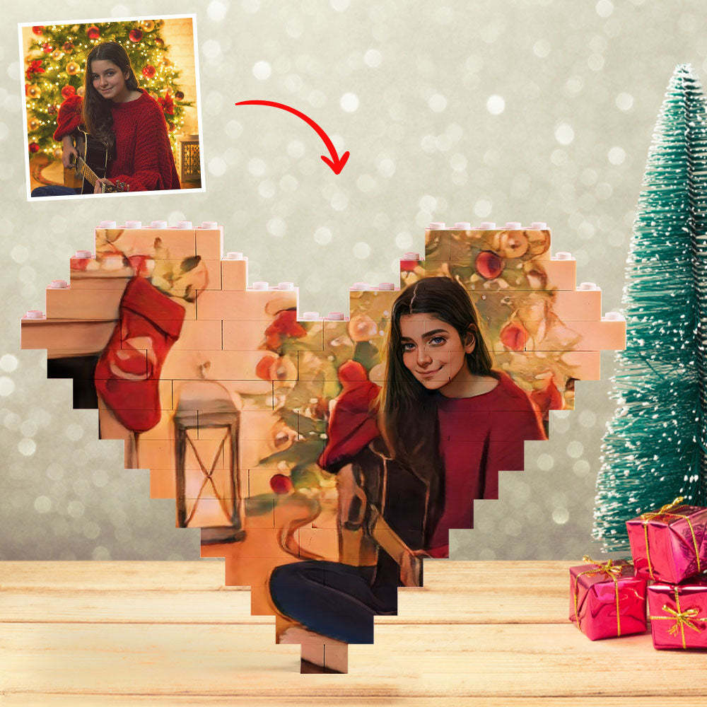 Personalised Building Brick Heart Custom Cartoon Photo Block Toy Christmas Gifts - 